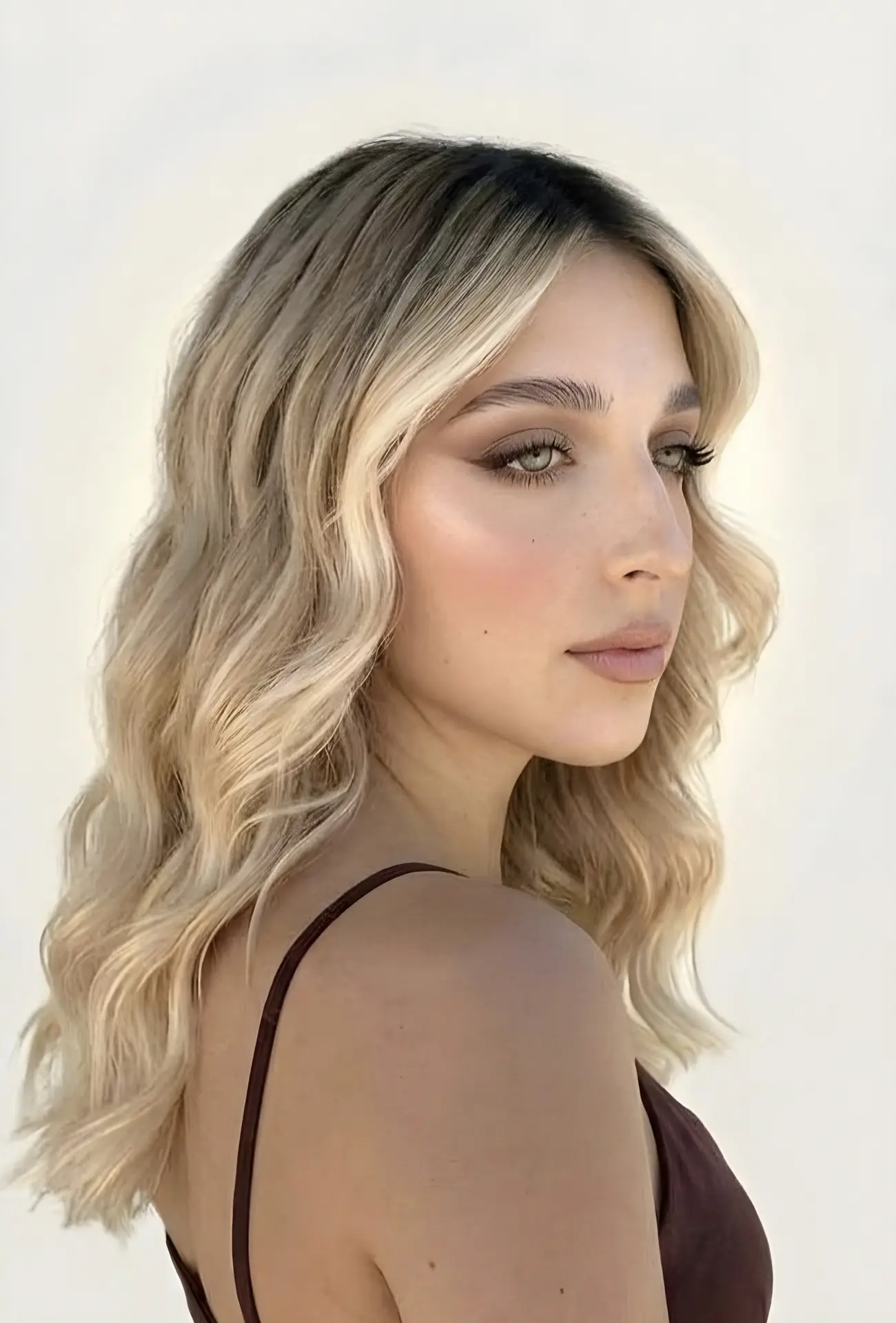 Blonde balayage with soft waves on mid length hair